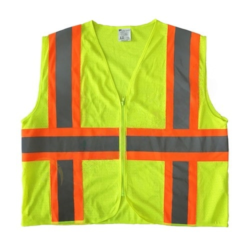 Mesh reflective vest with warning stripe zipper closure