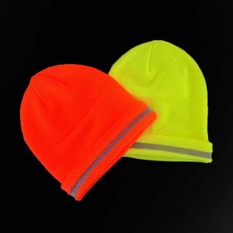 Topi Rajut Musim Dingin Oranye Hi-vis dengan Garis Reflektif