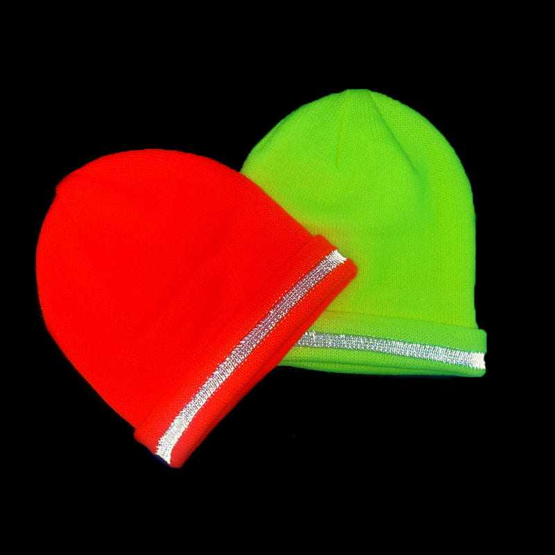 Topi Rajut Musim Dingin Oranye Hi-vis dengan Garis Reflektif